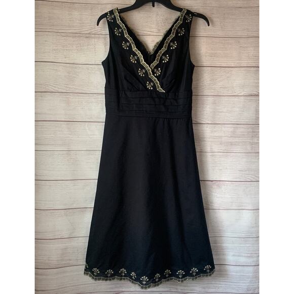 Ann Taylor Black and Gold Embroidery Dress Midi Sleeveless V Neck Size 2 - Picture 1 of 16